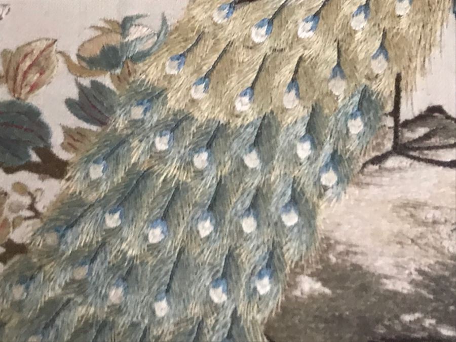 STUNNING Very Fine Vintage Hand Stitched Silk Embroidery Of Many Birds And Trees In Gilt Bamboo Frame [Photo 16]