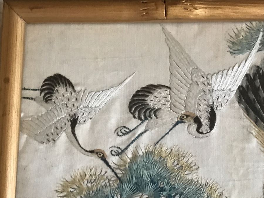 STUNNING Very Fine Vintage Hand Stitched Silk Embroidery Of Many Birds And Trees In Gilt Bamboo Frame [Photo 26]