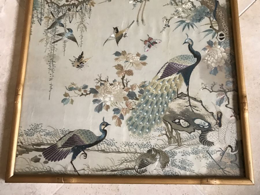 STUNNING Very Fine Vintage Hand Stitched Silk Embroidery Of Many Birds And Trees In Gilt Bamboo Frame [Photo 31]