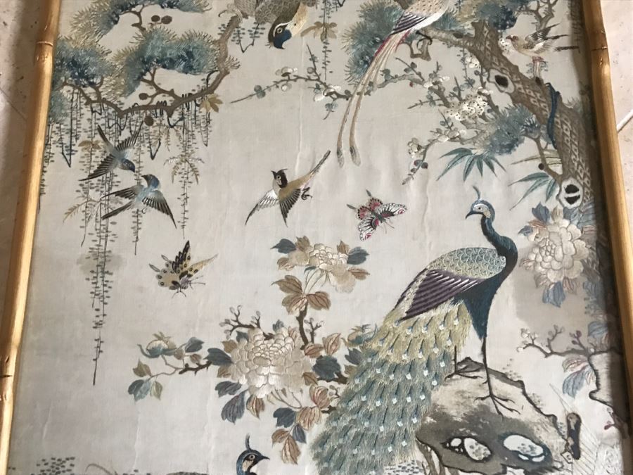 STUNNING Very Fine Vintage Hand Stitched Silk Embroidery Of Many Birds And Trees In Gilt Bamboo Frame [Photo 4]