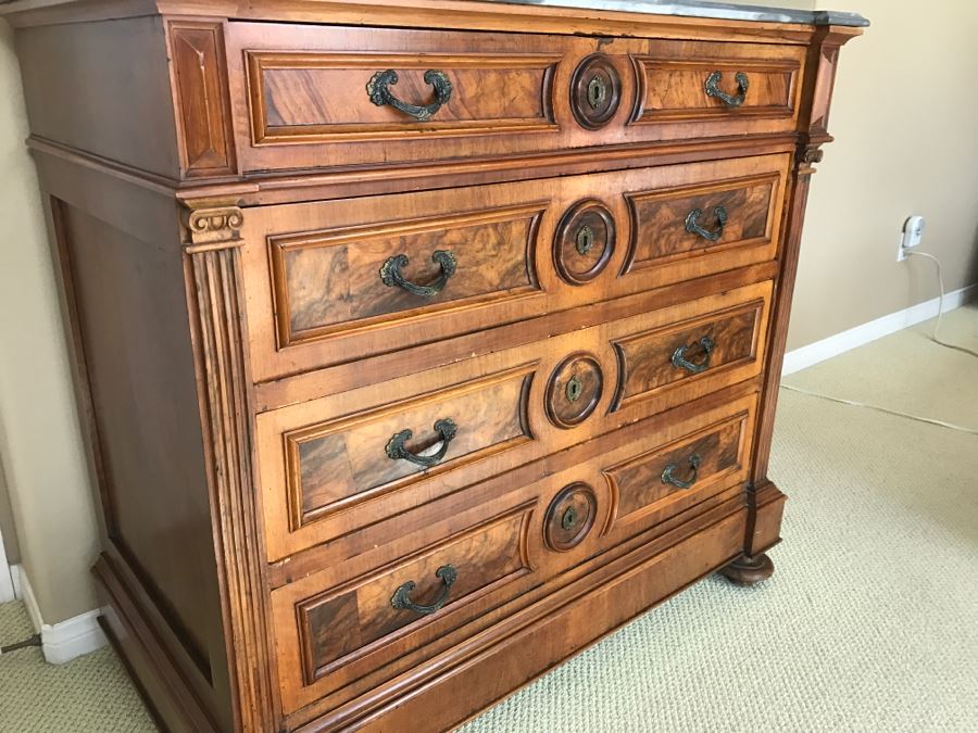 Beautiful Antique Wood Carved Chest Of Drawers Dresser 4-Drawers With Marble Top (See Matching Nightstand) [Photo 9]