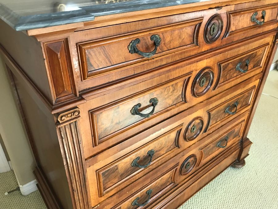 Beautiful Antique Wood Carved Chest Of Drawers Dresser 4-Drawers With Marble Top (See Matching Nightstand) [Photo 4]