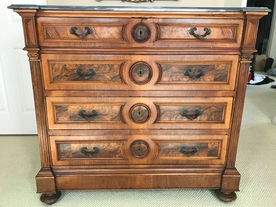 Beautiful Antique Wood Carved Chest Of Drawers Dresser 4-Drawers With Marble Top (See Matching Nightstand) [Photo 1]