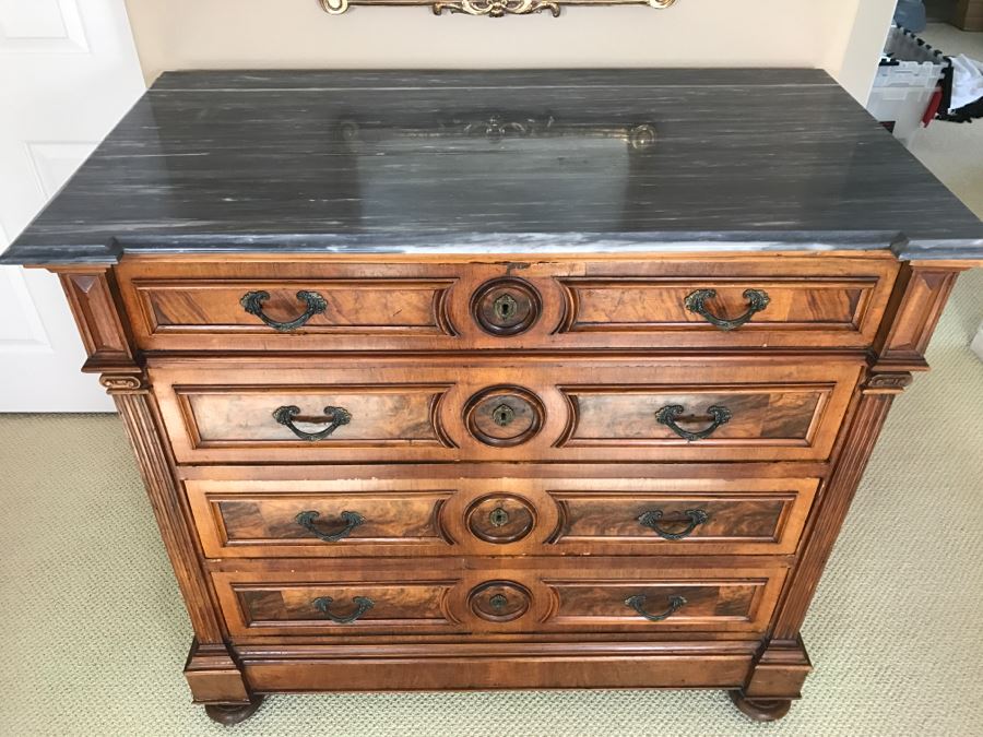 Beautiful Antique Wood Carved Chest Of Drawers Dresser 4-Drawers With Marble Top (See Matching Nightstand) [Photo 3]