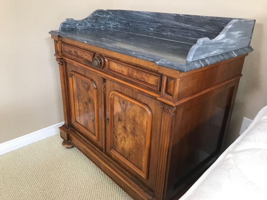 Beautiful Antique Wood Carved Wash Basin Cabinet Nightstand With Marble Top (See Matching Chest Of Drawers) [Photo 7]