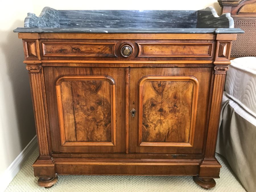 Beautiful Antique Wood Carved Wash Basin Cabinet Nightstand With Marble Top (See Matching Chest Of Drawers) [Photo 1]