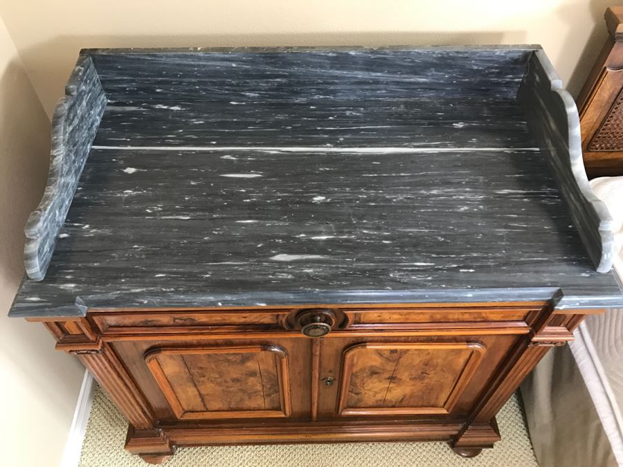 Beautiful Antique Wood Carved Wash Basin Cabinet Nightstand With Marble Top (See Matching Chest Of Drawers) [Photo 6]