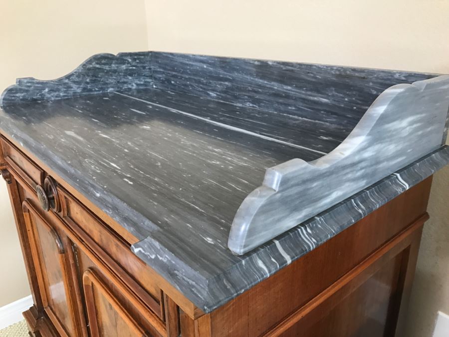 Beautiful Antique Wood Carved Wash Basin Cabinet Nightstand With Marble Top (See Matching Chest Of Drawers) [Photo 11]