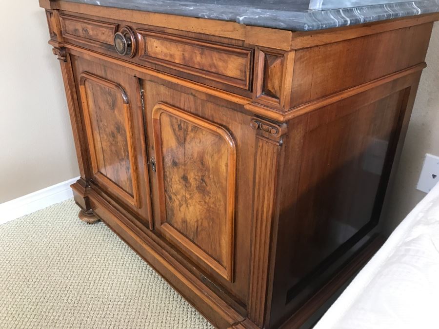 Beautiful Antique Wood Carved Wash Basin Cabinet Nightstand With Marble Top (See Matching Chest Of Drawers) [Photo 8]