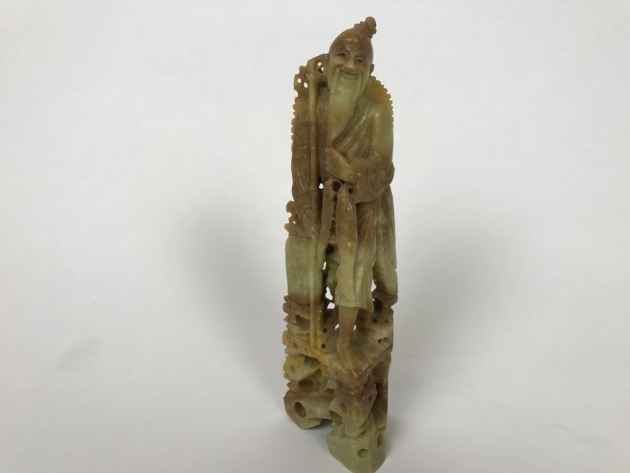 Vintage Asian Soapstone Carving Of Elder Fisherman [Photo 2]