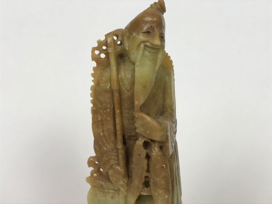 Vintage Asian Soapstone Carving Of Elder Fisherman [Photo 5]