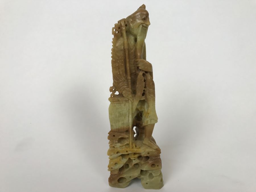 Vintage Asian Soapstone Carving Of Elder Fisherman [Photo 3]