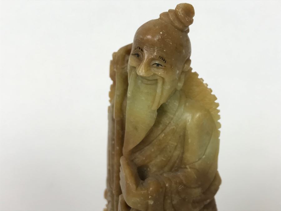 Vintage Asian Soapstone Carving Of Elder Fisherman