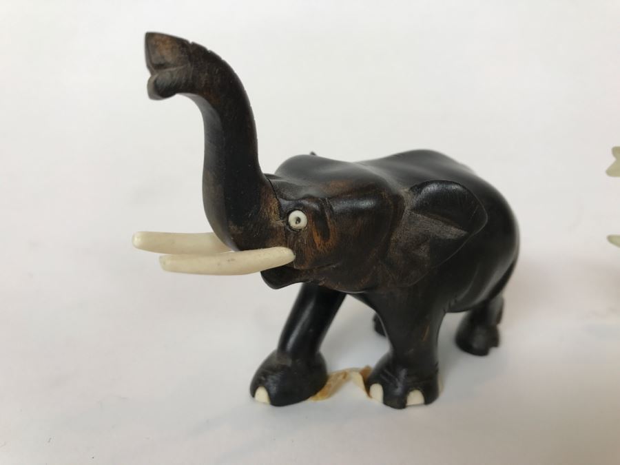 Small Carved Ebony Wood (Made In Ceylon) And Carved Stone Elephants With Trunks Up [Photo 3]