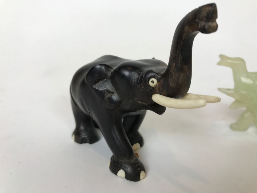 Small Carved Ebony Wood (Made In Ceylon) And Carved Stone Elephants With Trunks Up [Photo 5]