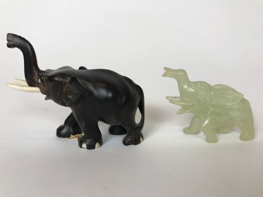 Small Carved Ebony Wood (Made In Ceylon) And Carved Stone Elephants With Trunks Up [Photo 1]