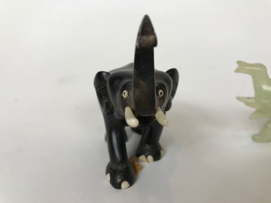 Small Carved Ebony Wood (Made In Ceylon) And Carved Stone Elephants With Trunks Up [Photo 4]