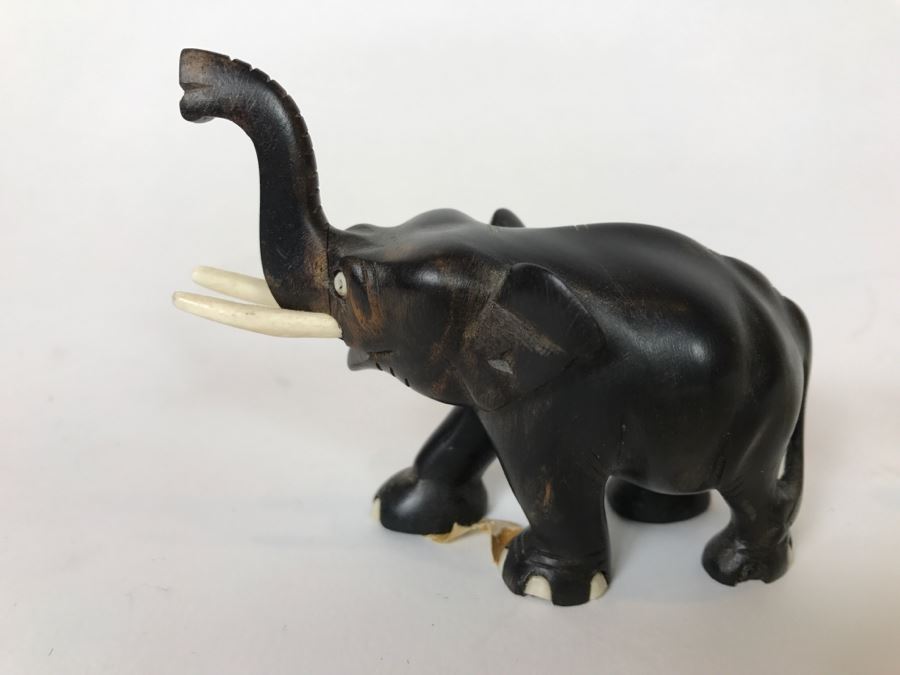 Small Carved Ebony Wood (Made In Ceylon) And Carved Stone Elephants With Trunks Up [Photo 2]