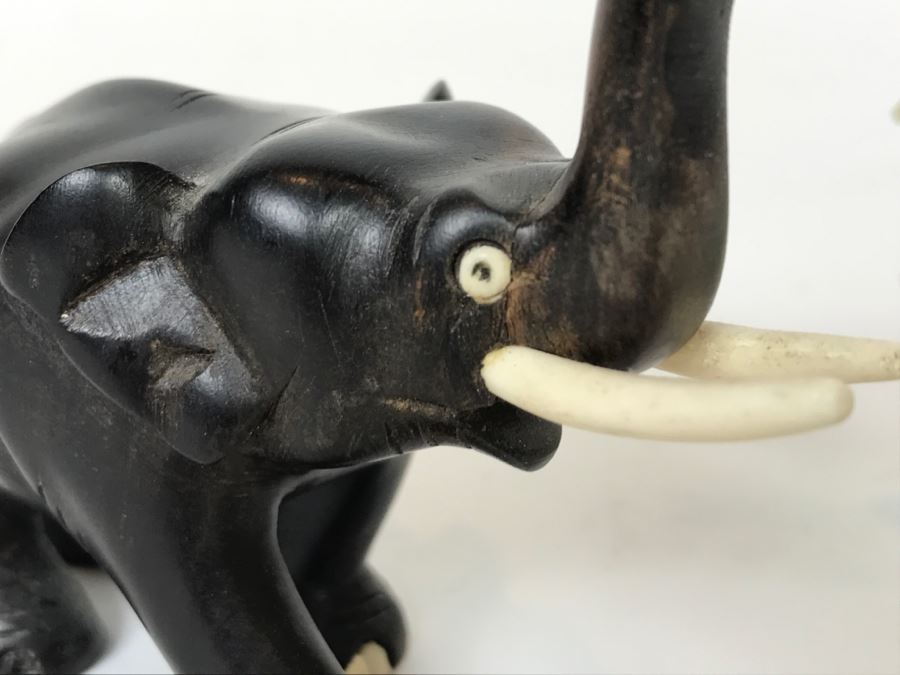 Small Carved Ebony Wood (Made In Ceylon) And Carved Stone Elephants With Trunks Up [Photo 6]