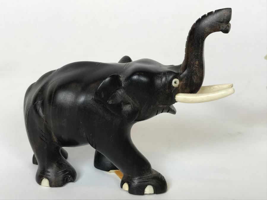 Small Carved Ebony Wood (Made In Ceylon) And Carved Stone Elephants With Trunks Up [Photo 7]