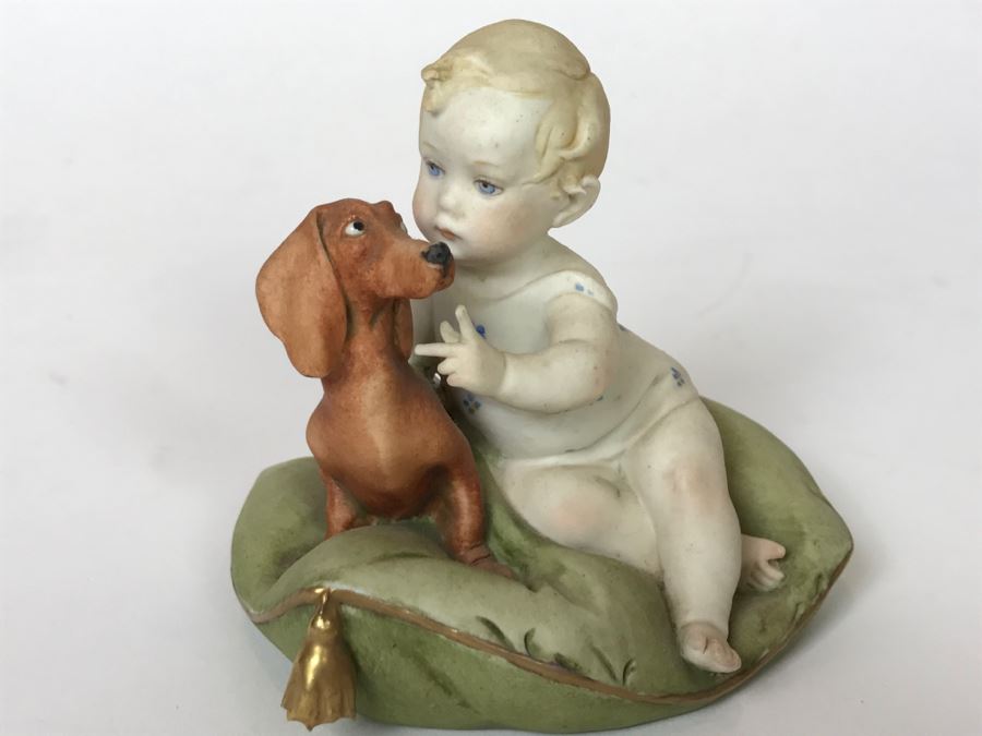 Vintage 1959 G. Calle Works Of Art Figurine Of Baby Petting Dog Italy