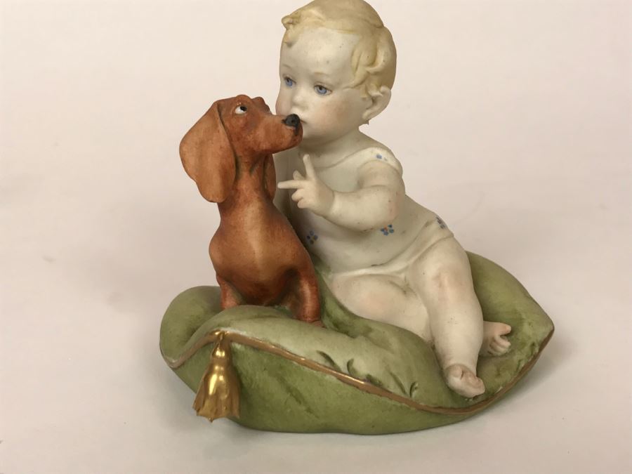 Vintage 1959 G. Calle Works Of Art Figurine Of Baby Petting Dog Italy [Photo 2]