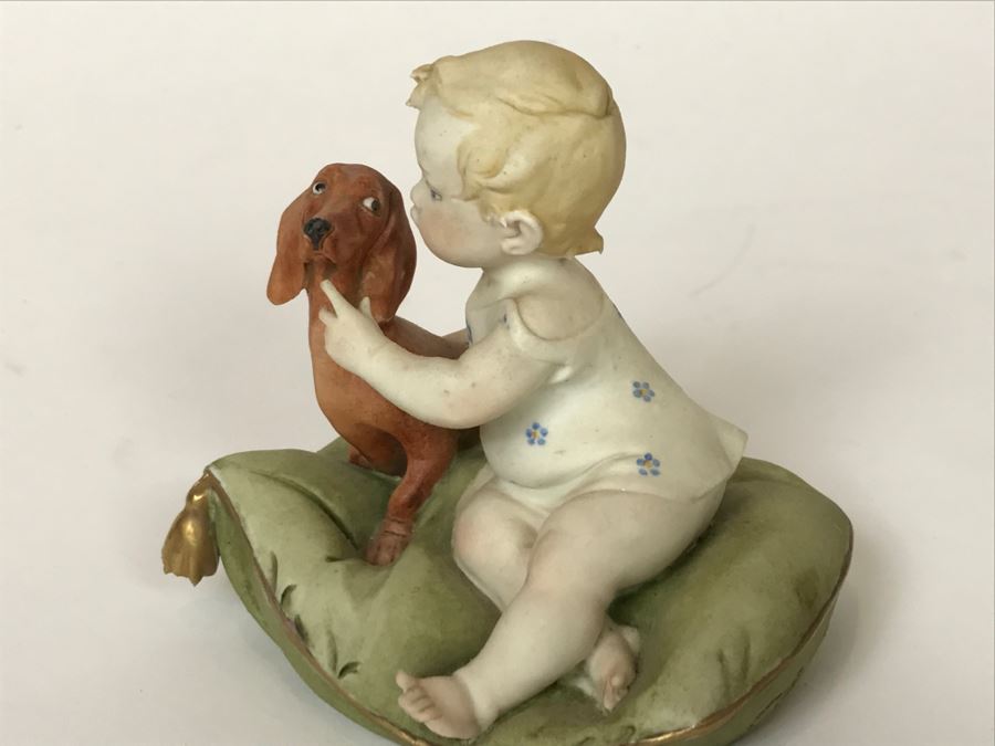 Vintage 1959 G. Calle Works Of Art Figurine Of Baby Petting Dog Italy [Photo 5]