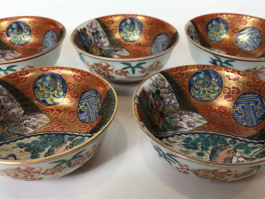 Vintage Set Of 5 Signed Hand Painted Japanese Porcelain Bowls (Small)