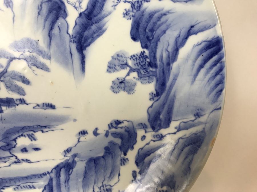 Large Blue And White Landscape Scene Signed Asian Dish With Display Stand [Photo 6]