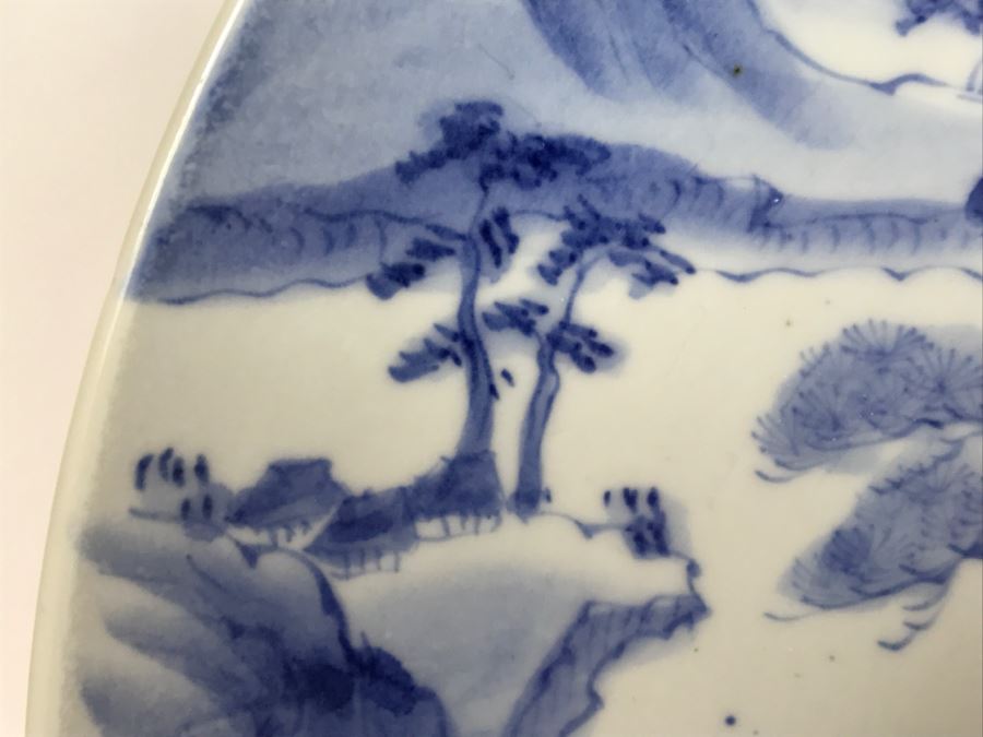 Large Blue And White Landscape Scene Signed Asian Dish With Display Stand [Photo 11]