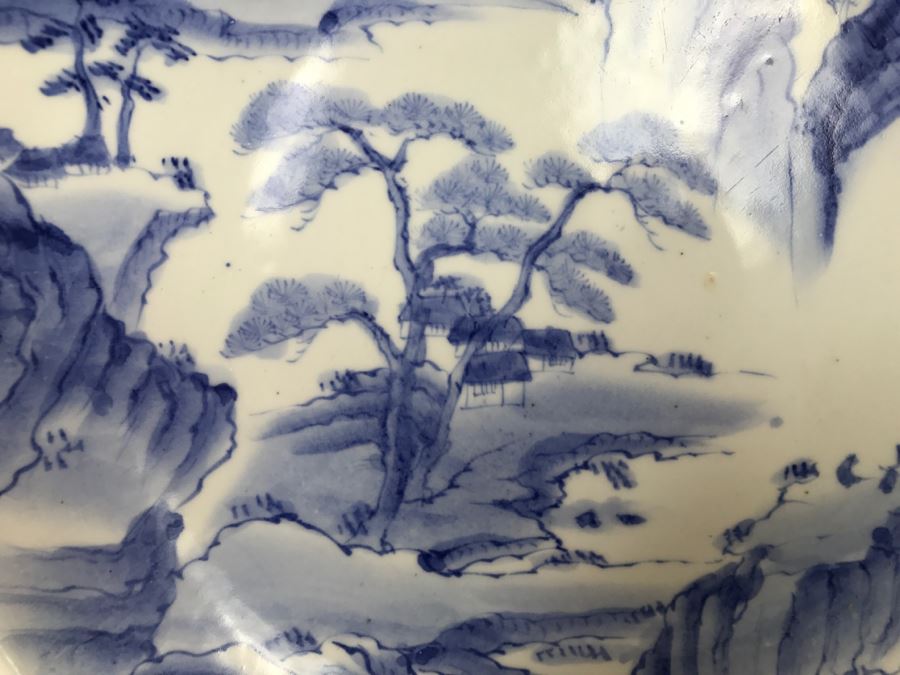 Large Blue And White Landscape Scene Signed Asian Dish With Display Stand [Photo 9]