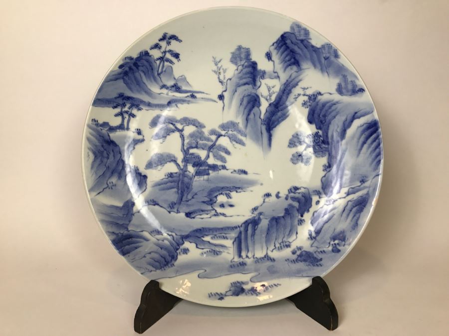 Large Blue And White Landscape Scene Signed Asian Dish With Display Stand [Photo 2]