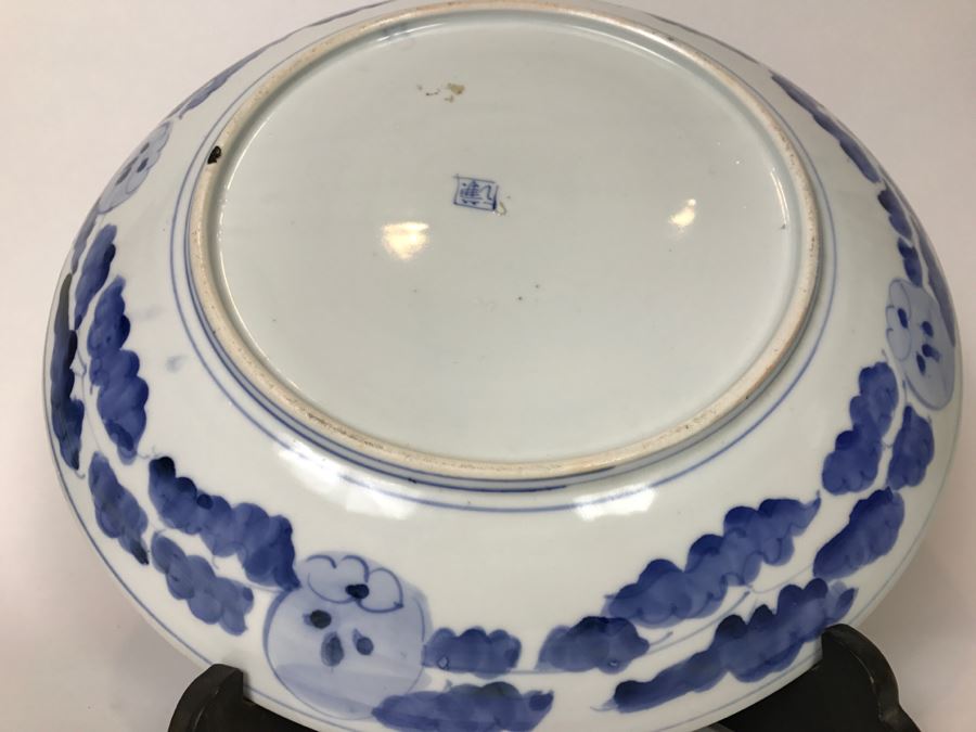 Large Blue And White Landscape Scene Signed Asian Dish With Display Stand [Photo 13]