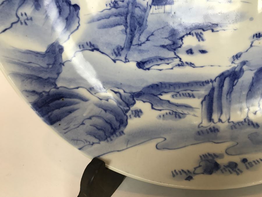 Large Blue And White Landscape Scene Signed Asian Dish With Display Stand [Photo 8]