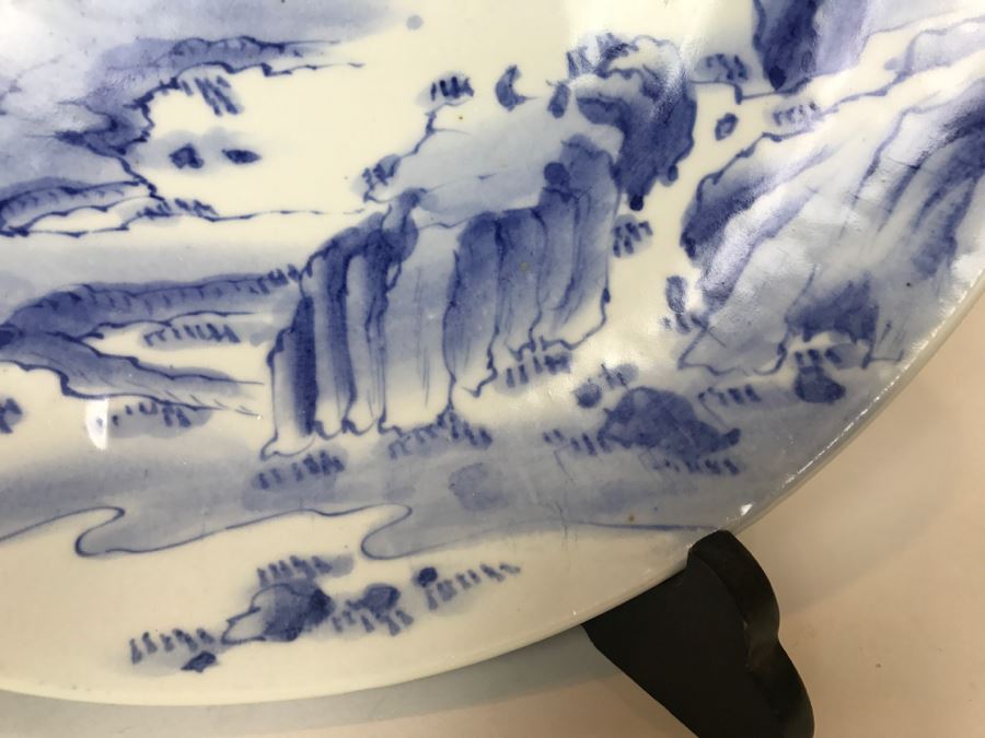 Large Blue And White Landscape Scene Signed Asian Dish With Display Stand [Photo 7]