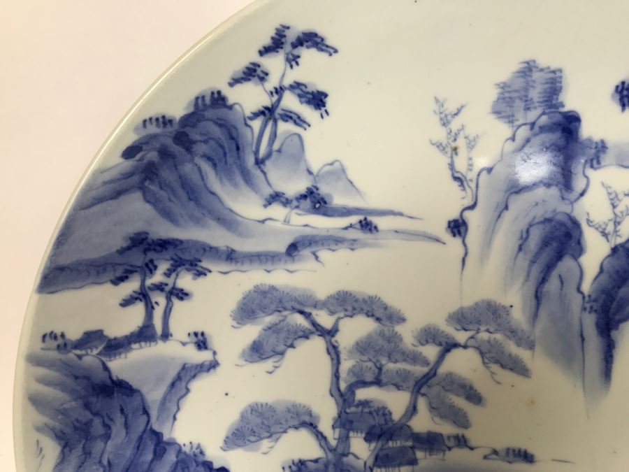 Large Blue And White Landscape Scene Signed Asian Dish With Display Stand [Photo 4]