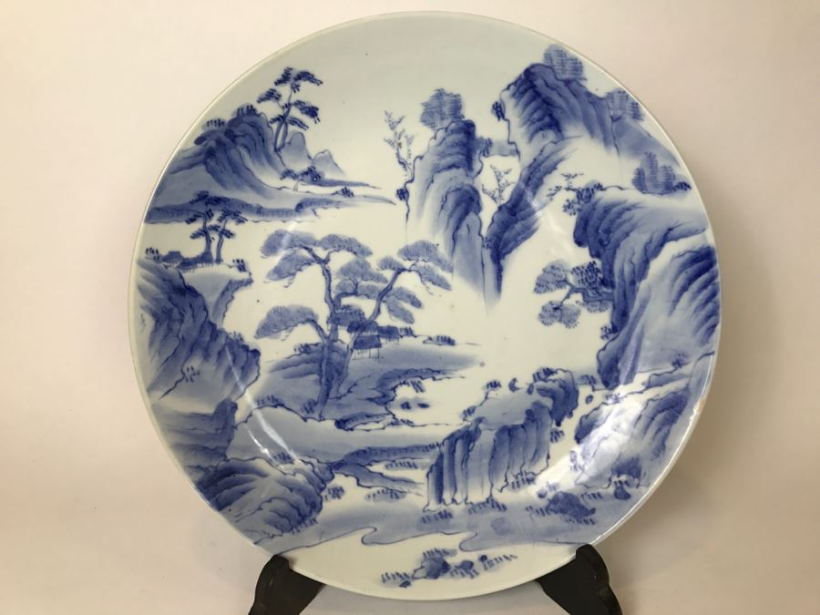Large Blue And White Landscape Scene Signed Asian Dish With Display Stand [Photo 3]
