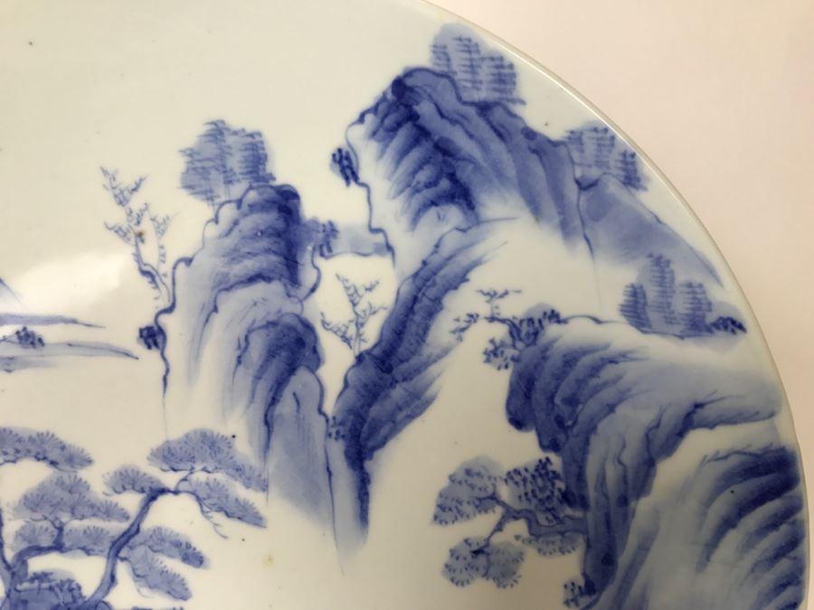 Large Blue And White Landscape Scene Signed Asian Dish With Display Stand [Photo 5]