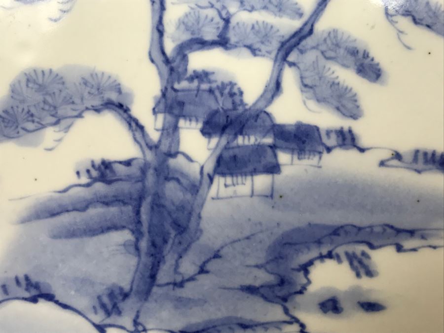 Large Blue And White Landscape Scene Signed Asian Dish With Display Stand [Photo 10]