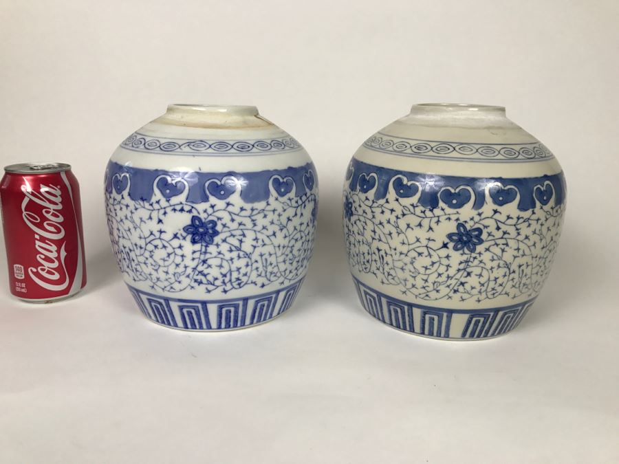 Pair Of Contemporary Blue And White Chinese Jars