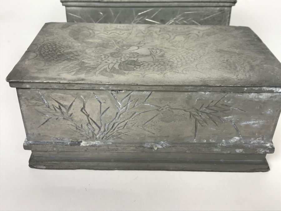 Pair Of Chased Design Dragon Serpent Pewter Boxes Signed Huikee Pewter Swatow [Photo 9]