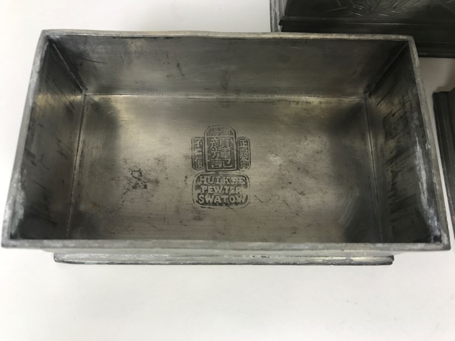Pair Of Chased Design Dragon Serpent Pewter Boxes Signed Huikee Pewter Swatow [Photo 11]