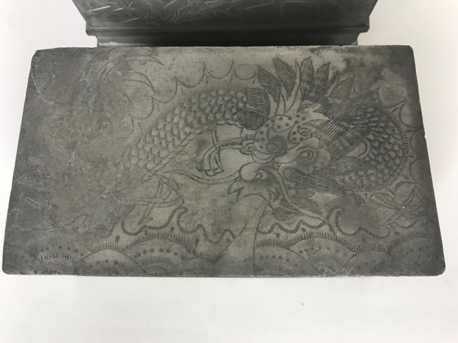 Pair Of Chased Design Dragon Serpent Pewter Boxes Signed Huikee Pewter Swatow [Photo 4]
