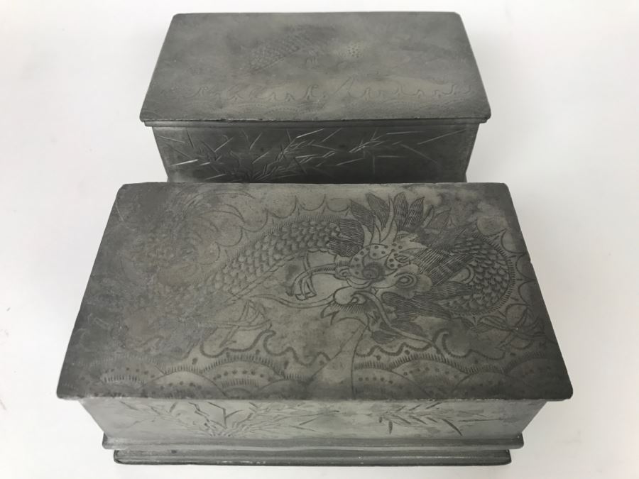 Pair Of Chased Design Dragon Serpent Pewter Boxes Signed Huikee Pewter Swatow