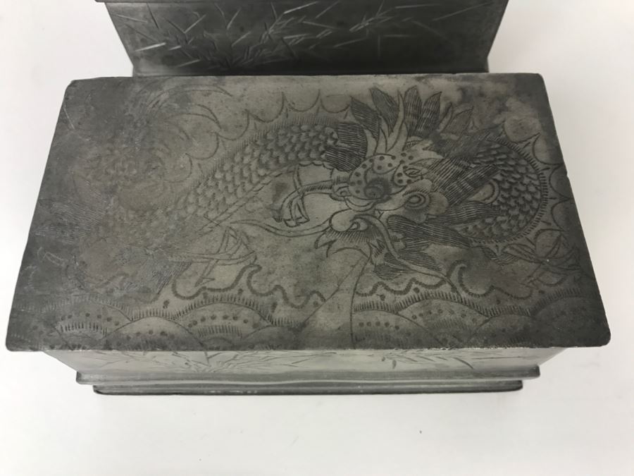 Pair Of Chased Design Dragon Serpent Pewter Boxes Signed Huikee Pewter Swatow [Photo 3]