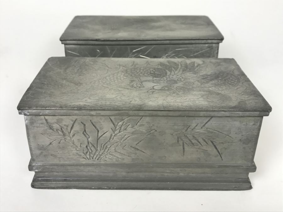 Pair Of Chased Design Dragon Serpent Pewter Boxes Signed Huikee Pewter Swatow [Photo 8]