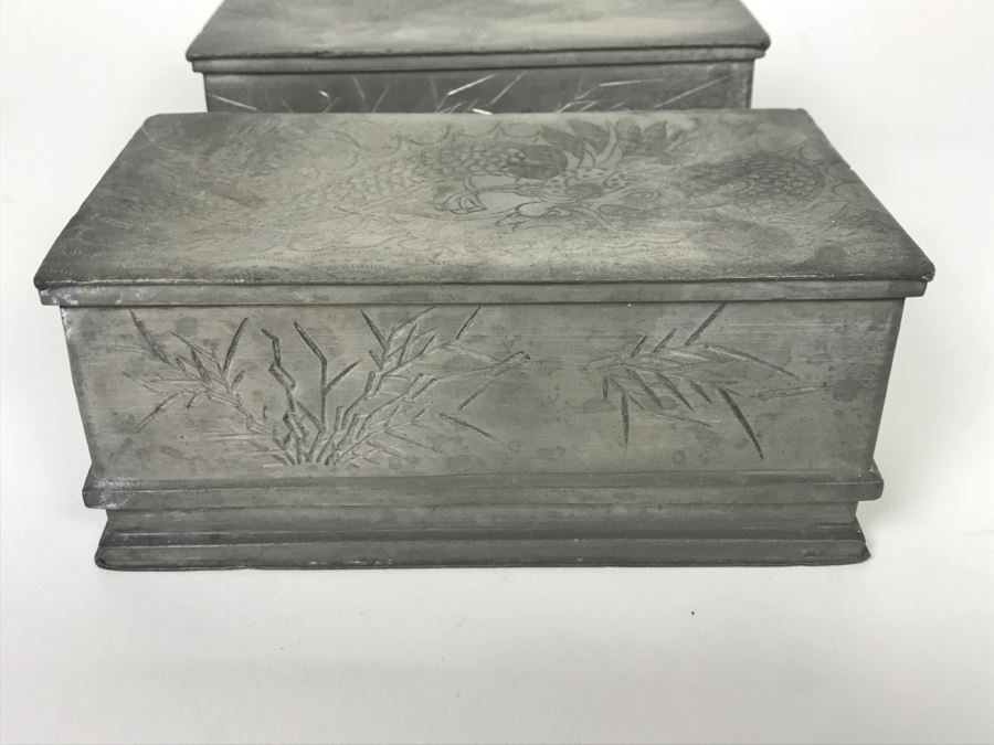 Pair Of Chased Design Dragon Serpent Pewter Boxes Signed Huikee Pewter Swatow [Photo 7]