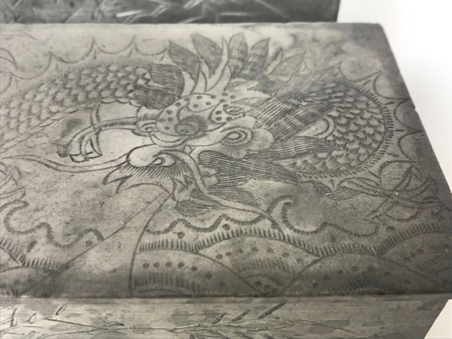 Pair Of Chased Design Dragon Serpent Pewter Boxes Signed Huikee Pewter Swatow [Photo 6]