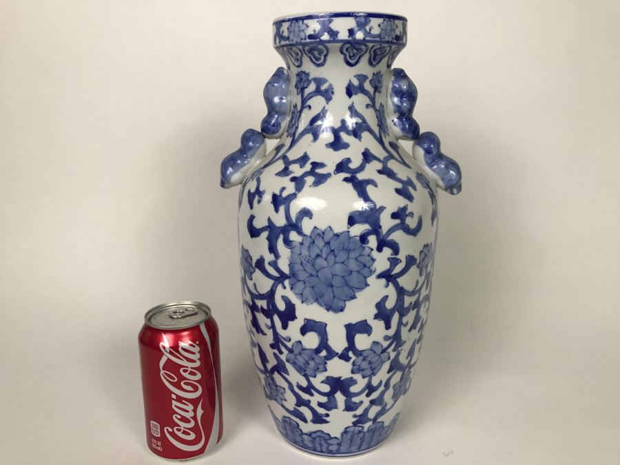 Large Blue And White Signed Asian Vase
