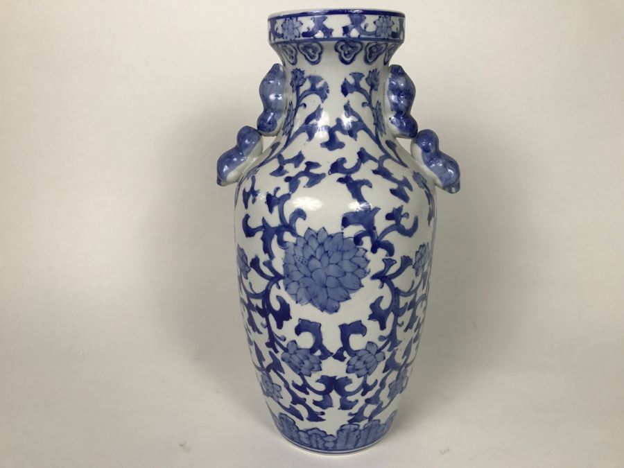 Large Blue And White Signed Asian Vase [Photo 2]